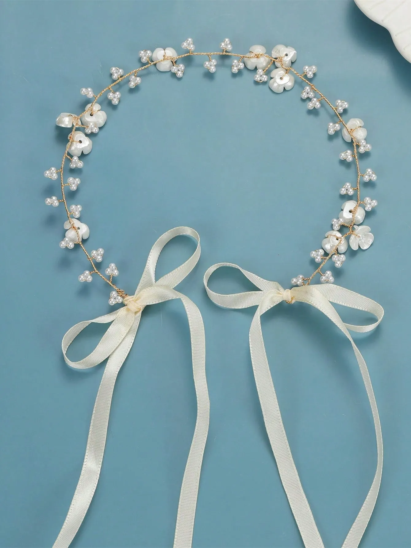 1pc Handmade Silver Metallic Floral Beaded & Pearl Soft Chain Headband For Wedding, Party