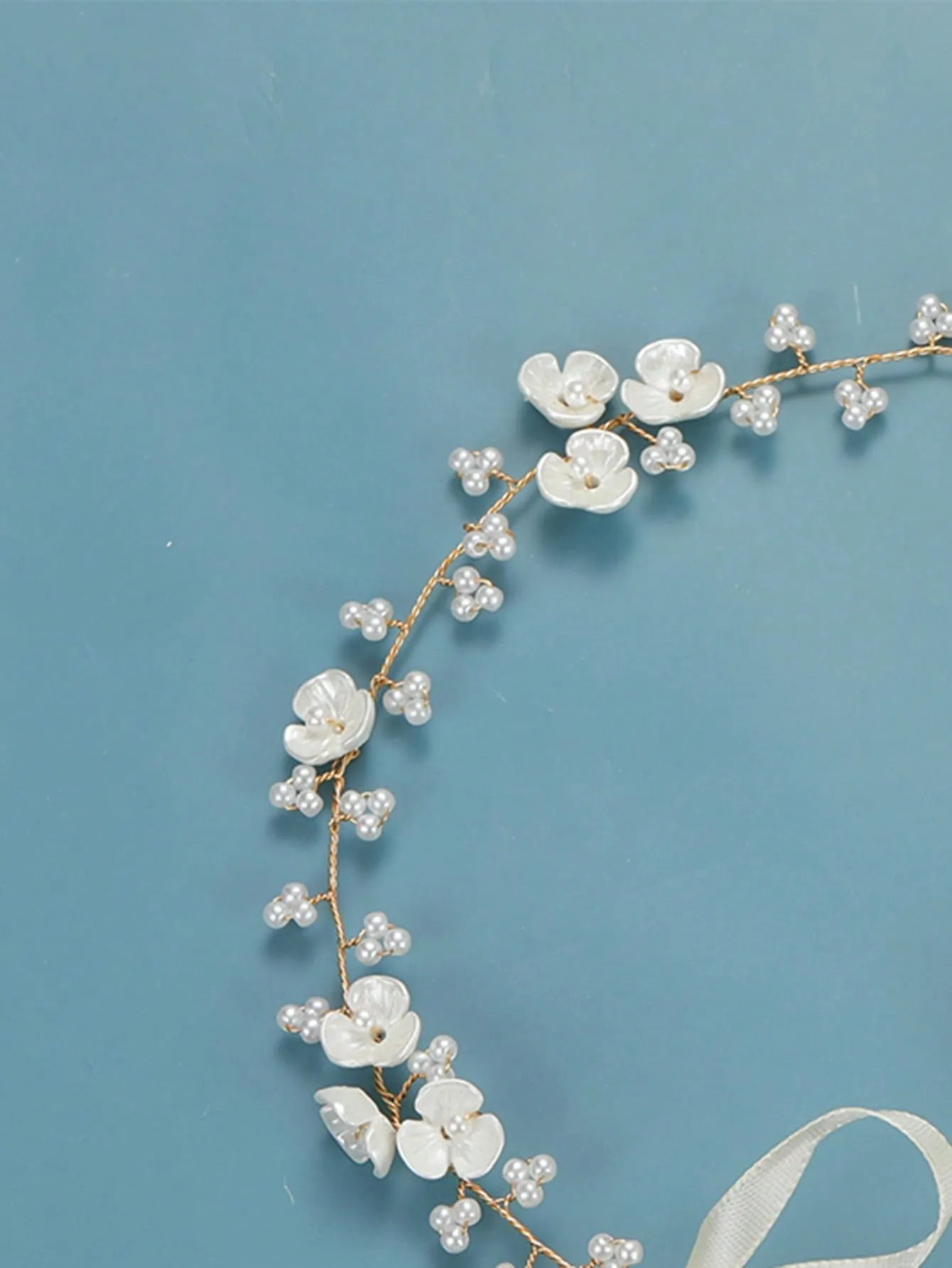 1pc Handmade Silver Metallic Floral Beaded & Pearl Soft Chain Headband For Wedding, Party