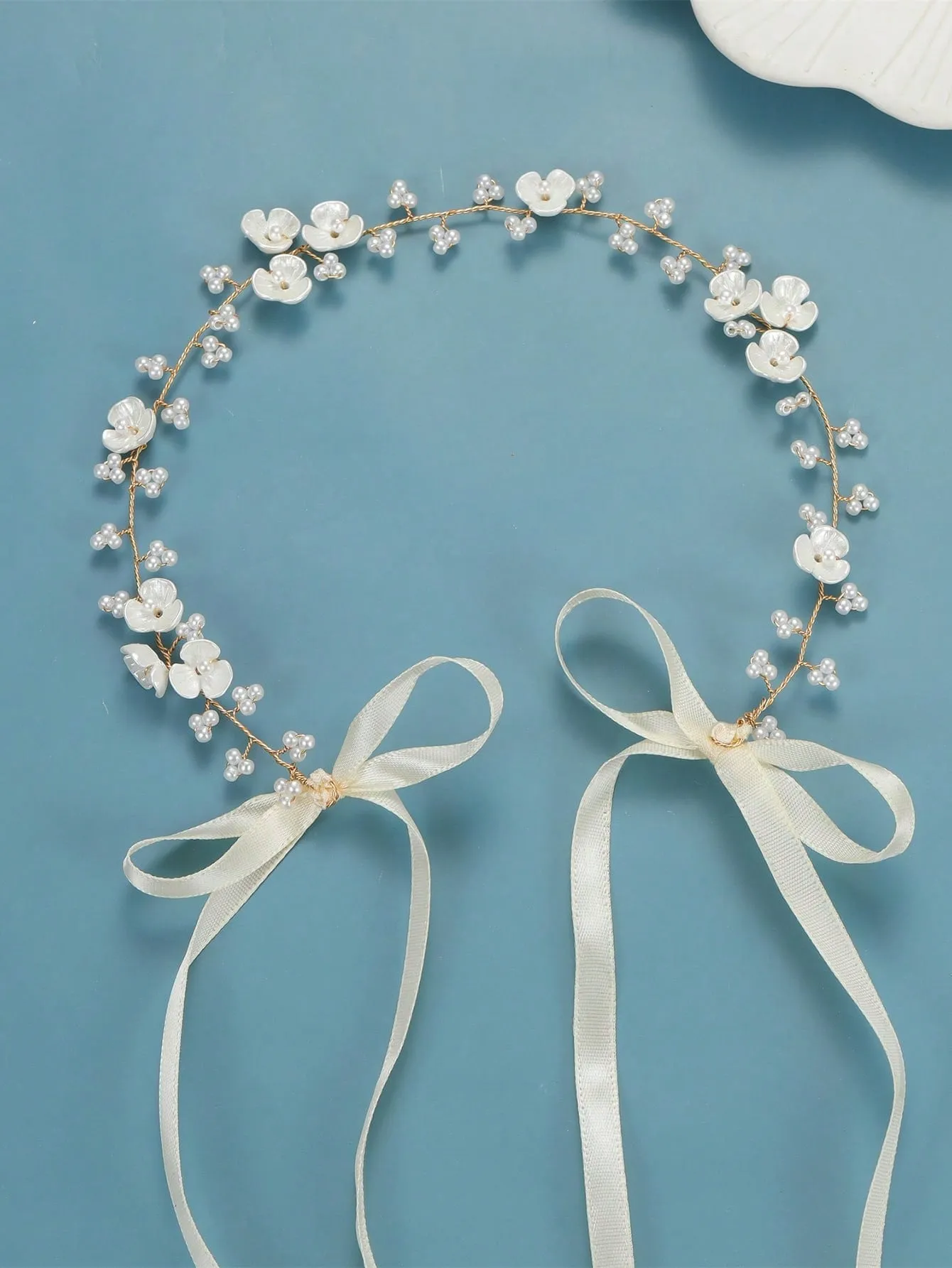 1pc Handmade Silver Metallic Floral Beaded & Pearl Soft Chain Headband For Wedding, Party