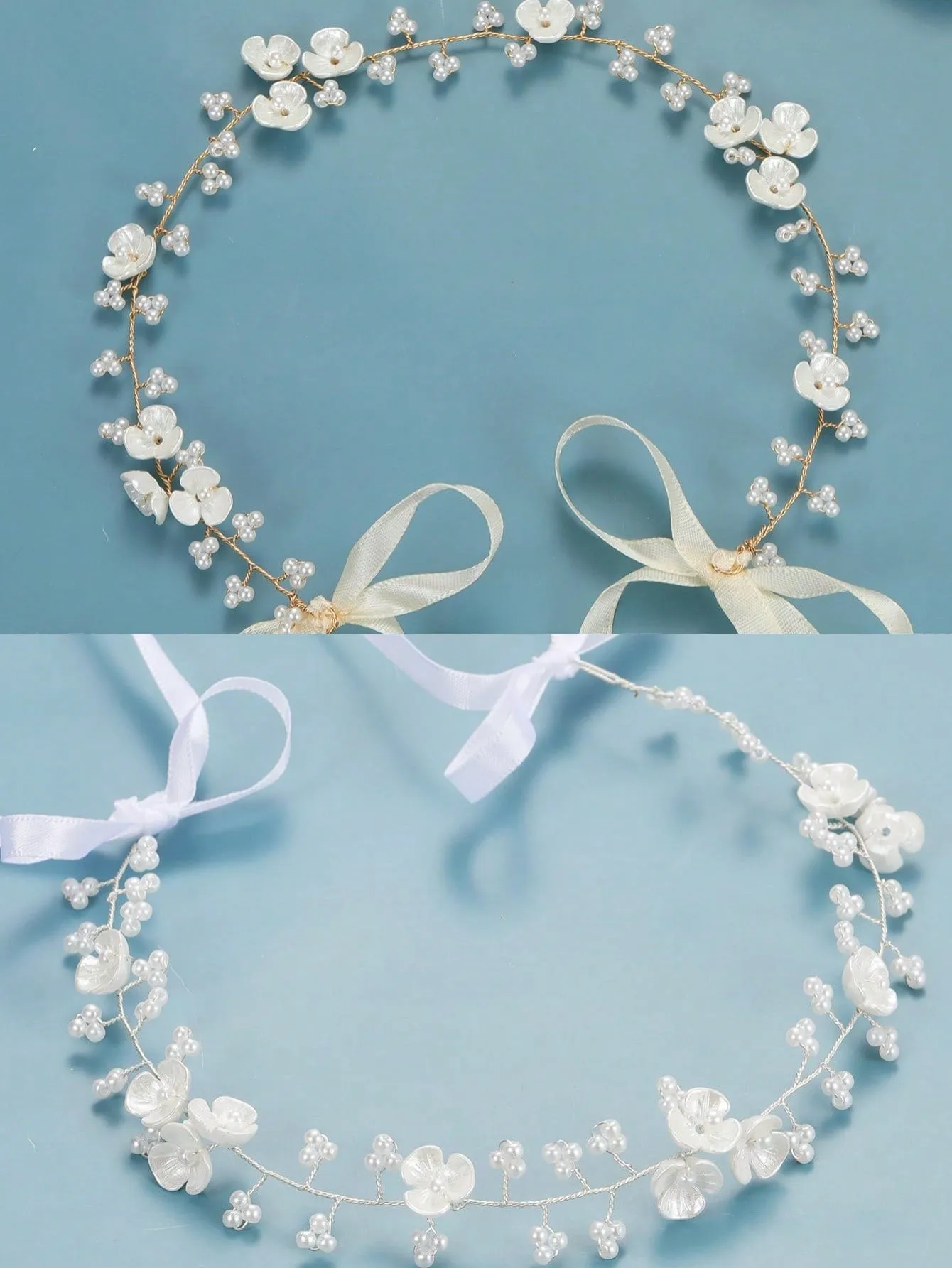 1pc Handmade Silver Metallic Floral Beaded & Pearl Soft Chain Headband For Wedding, Party