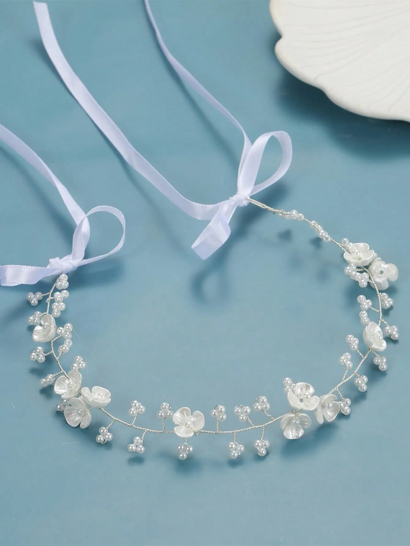 1pc Handmade Silver Metallic Floral Beaded & Pearl Soft Chain Headband For Wedding, Party