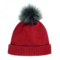 Burgundy/Spruce Cashmere & Faux Fur Pom Pom Beanie