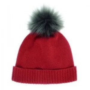 Burgundy/Spruce Cashmere & Faux Fur Pom Pom Beanie