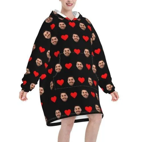 Custom Face Love Heart Hooded Pajama Fleece Loungewear For Women