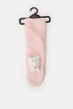 Girls Pink Bear Embellished Scarf