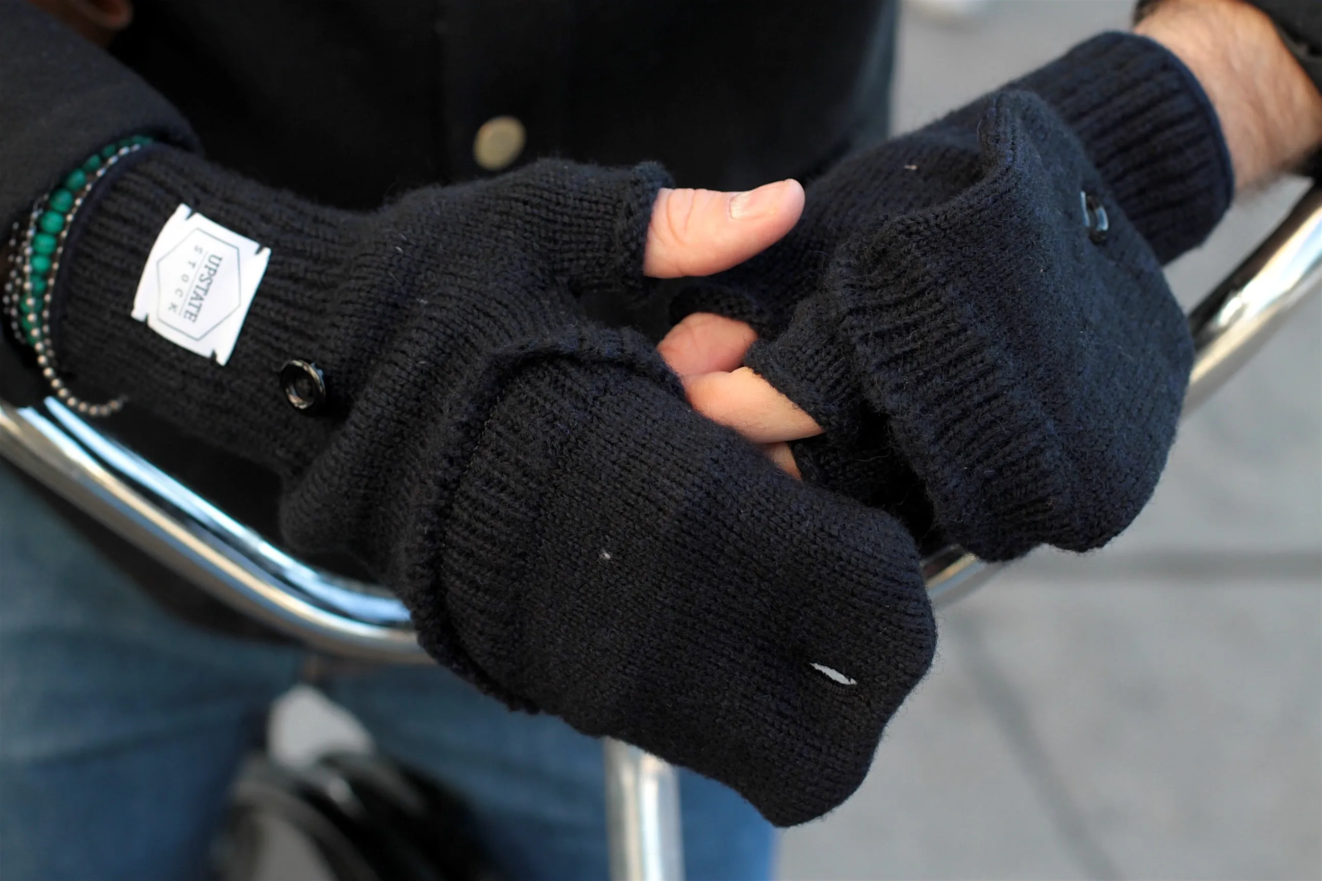 Grey Tweed Ragg Wool Convertible Fingerless 'Glomitt' with Black Deerskin
