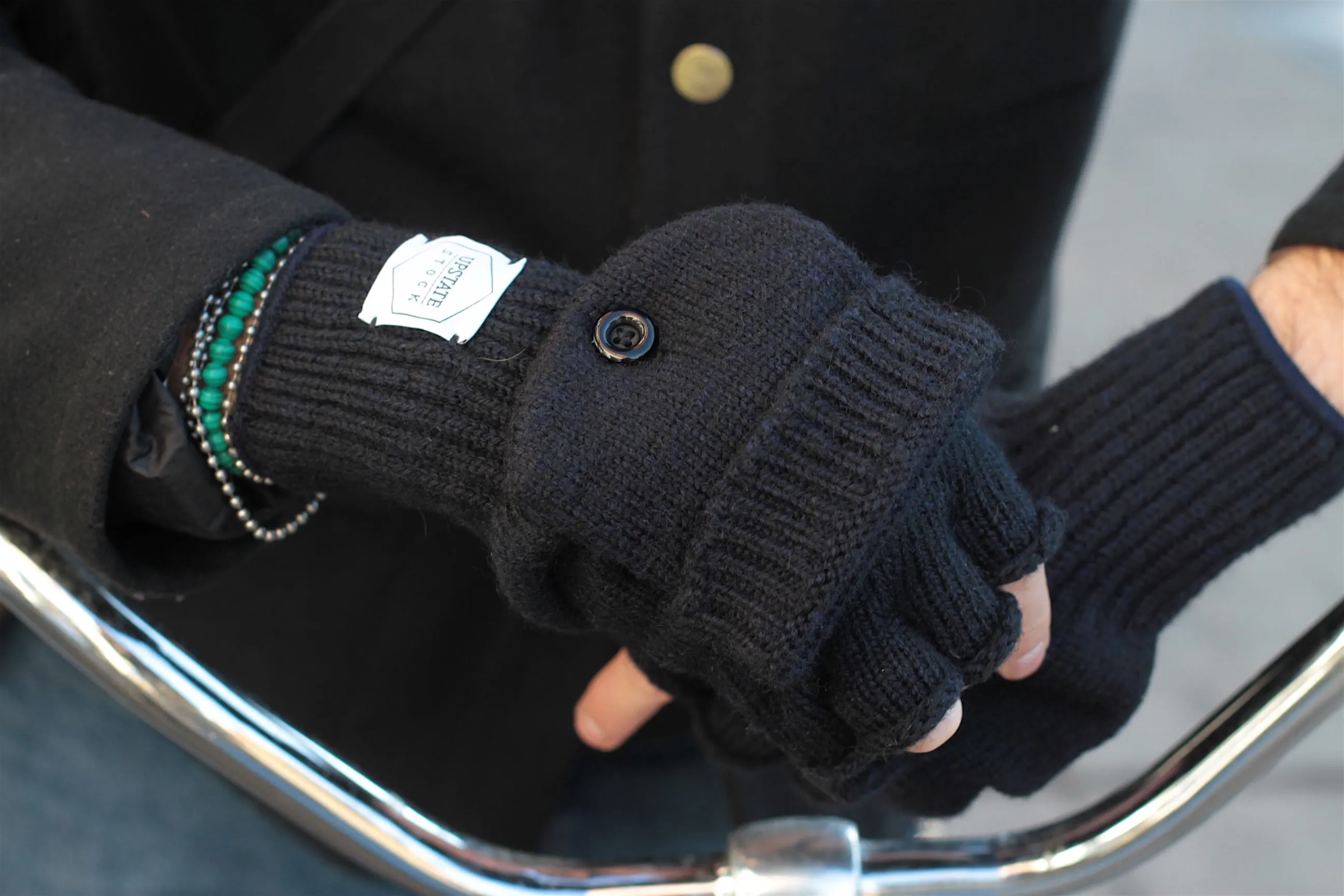 Grey Tweed Ragg Wool Convertible Fingerless 'Glomitt' with Black Deerskin