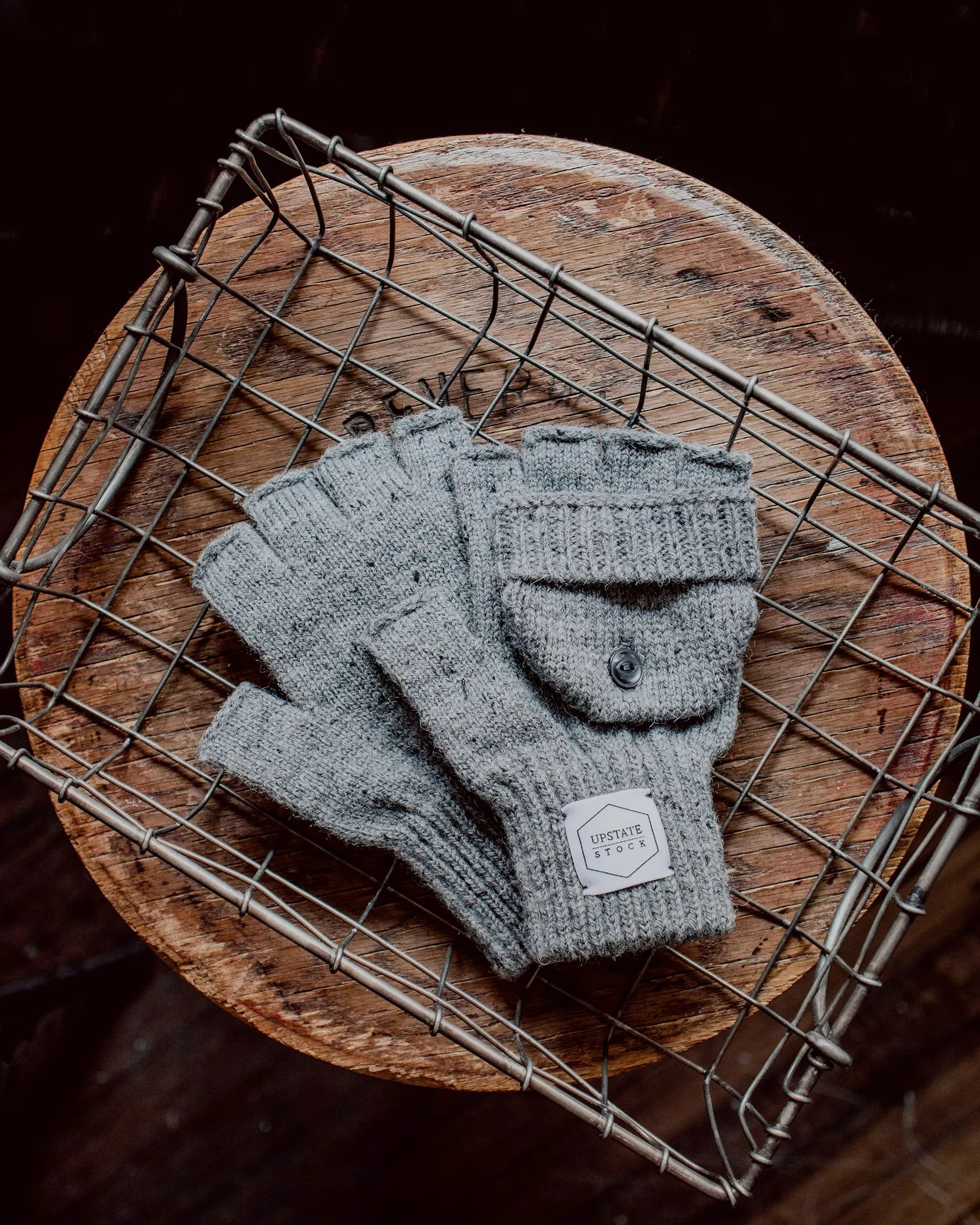 Grey Tweed Ragg Wool Convertible Fingerless 'Glomitt' with Black Deerskin