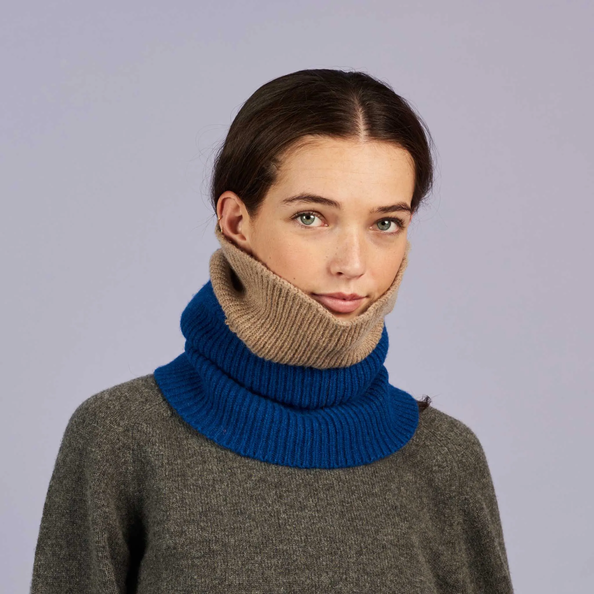 Marine Blue & Soft Brown Lambswool Snood