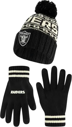 NFL Official Adults Super Soft Cable Knit Winter Beanie Knit Hat with Extra Warm Touch Screen Gloves|Las Vegas Raiders