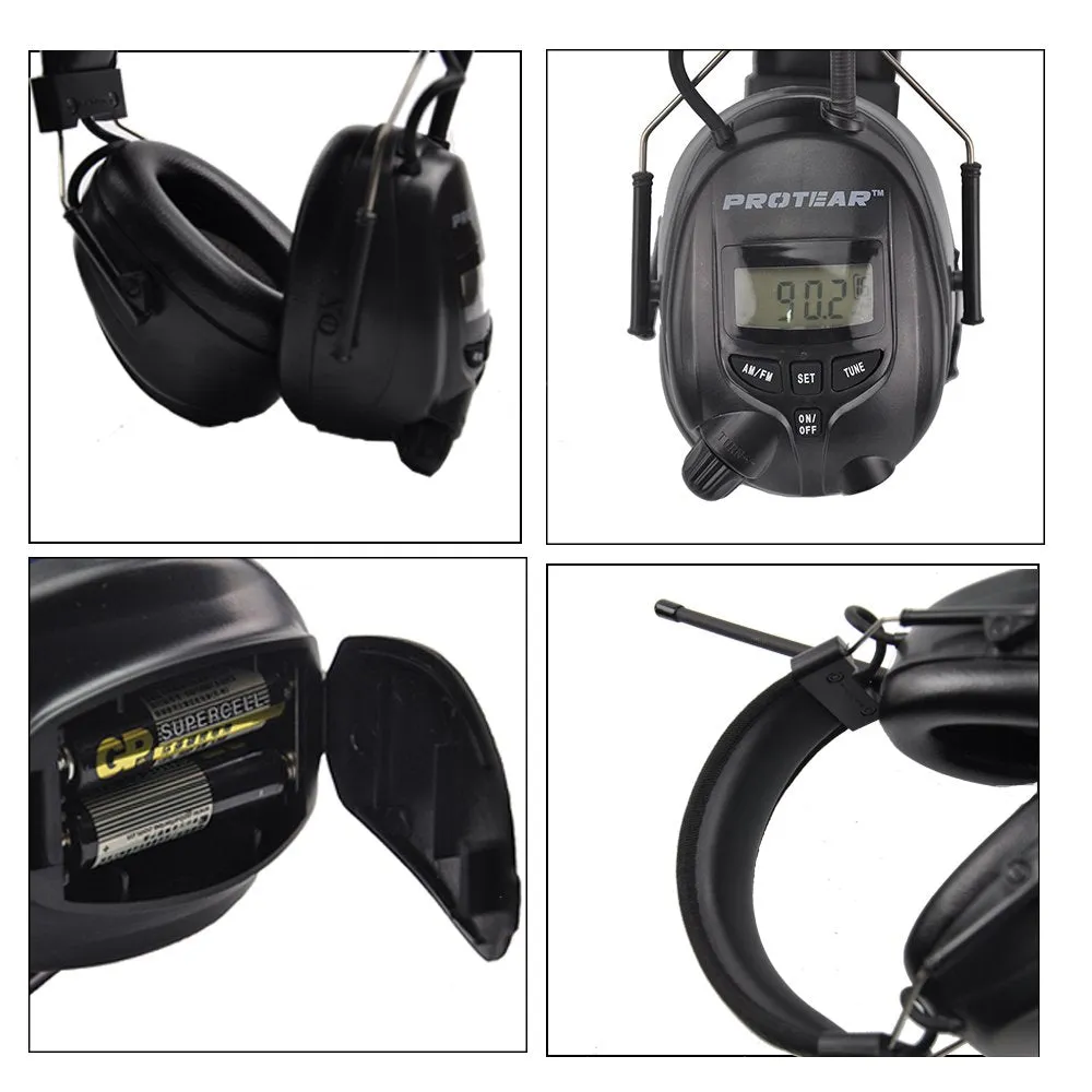 Protear Radio Headphones Hearing Protector Safety Earmuffs AM/FM Electronic Noise Reduction Rate 25dB for Mowing Working-Black