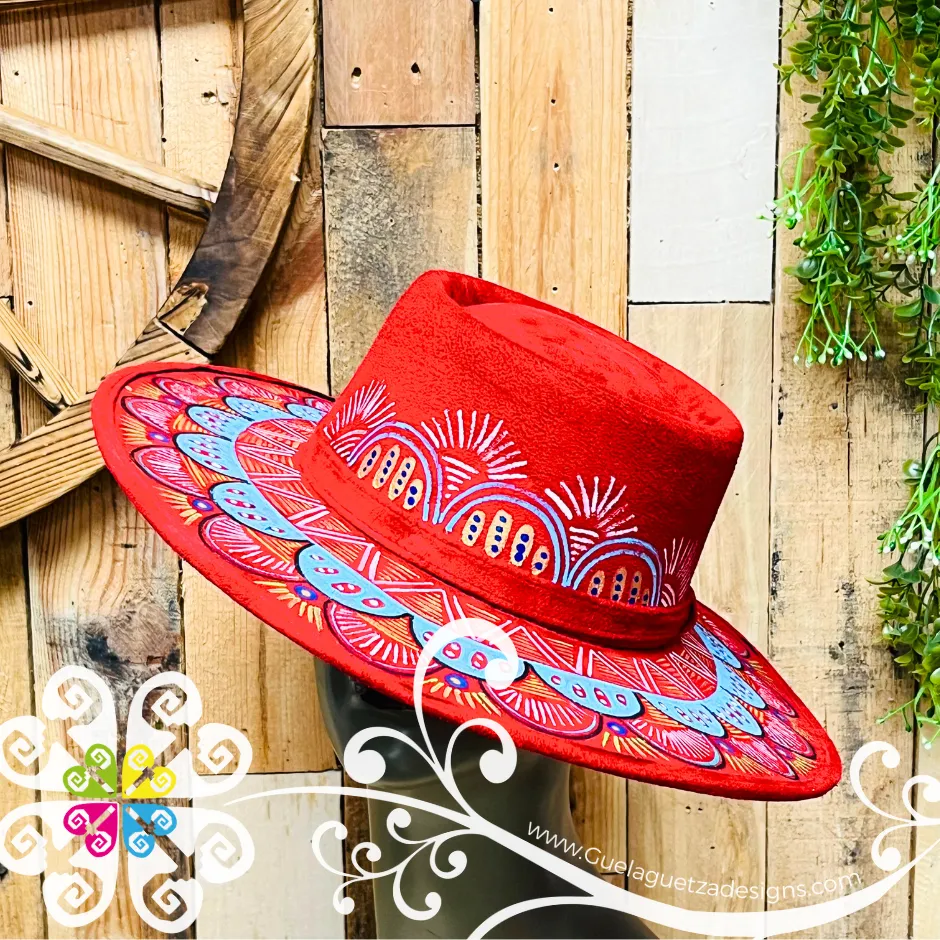 Red Oval Mitla Velvet Hat - Hand Painted Hat