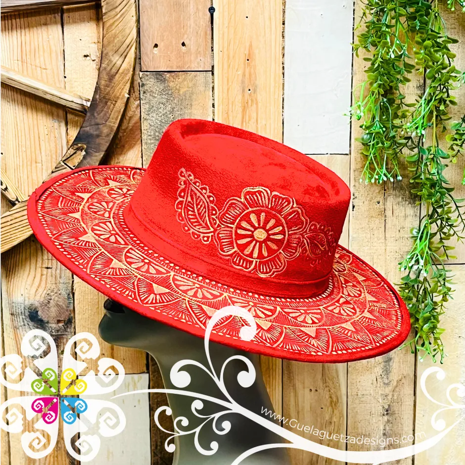 Red Oval Mitla Velvet Hat - Hand Painted Hat