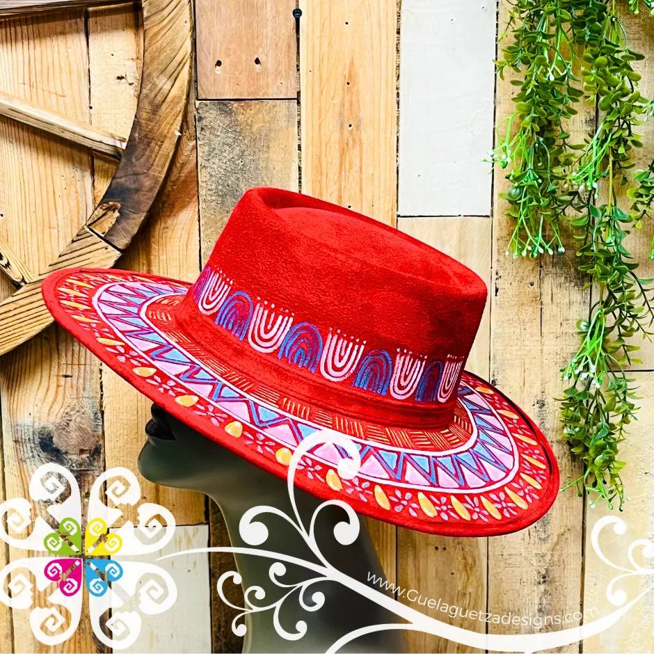 Red Oval Mitla Velvet Hat - Hand Painted Hat
