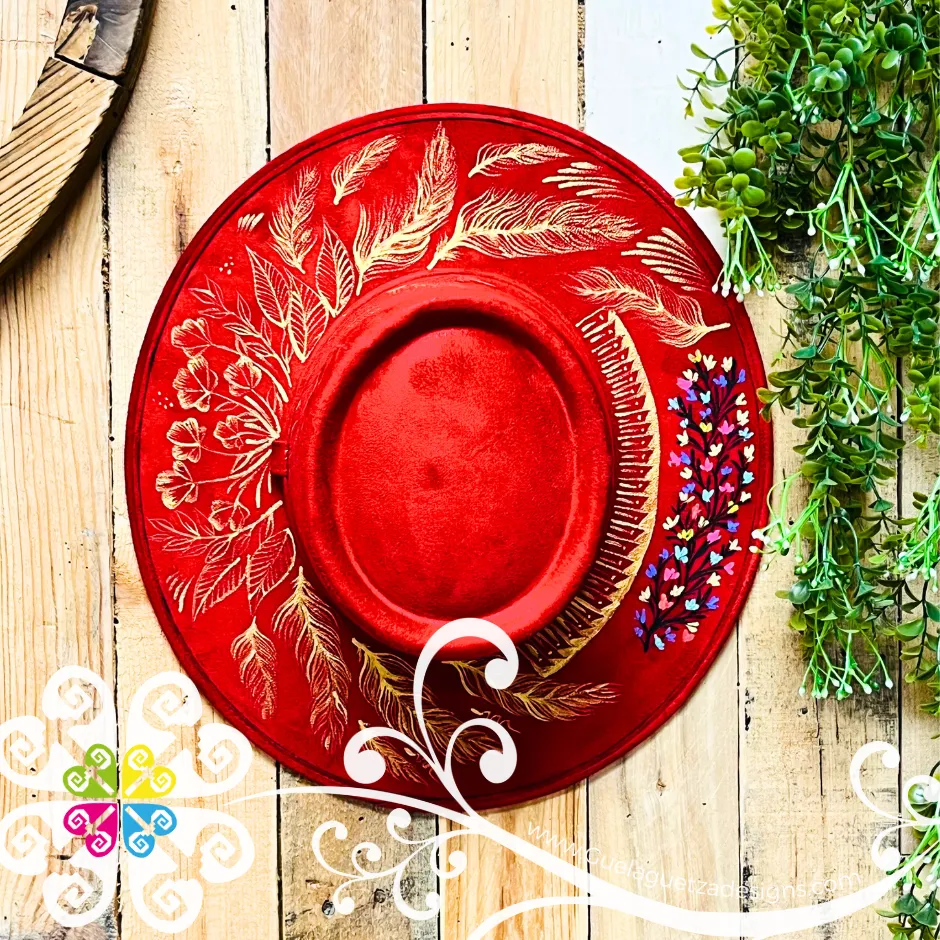 Red Oval Mitla Velvet Hat - Hand Painted Hat