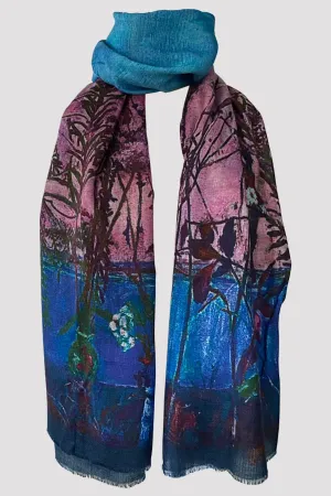 Wild Twigs Pink Blue Wool Silk Scarf