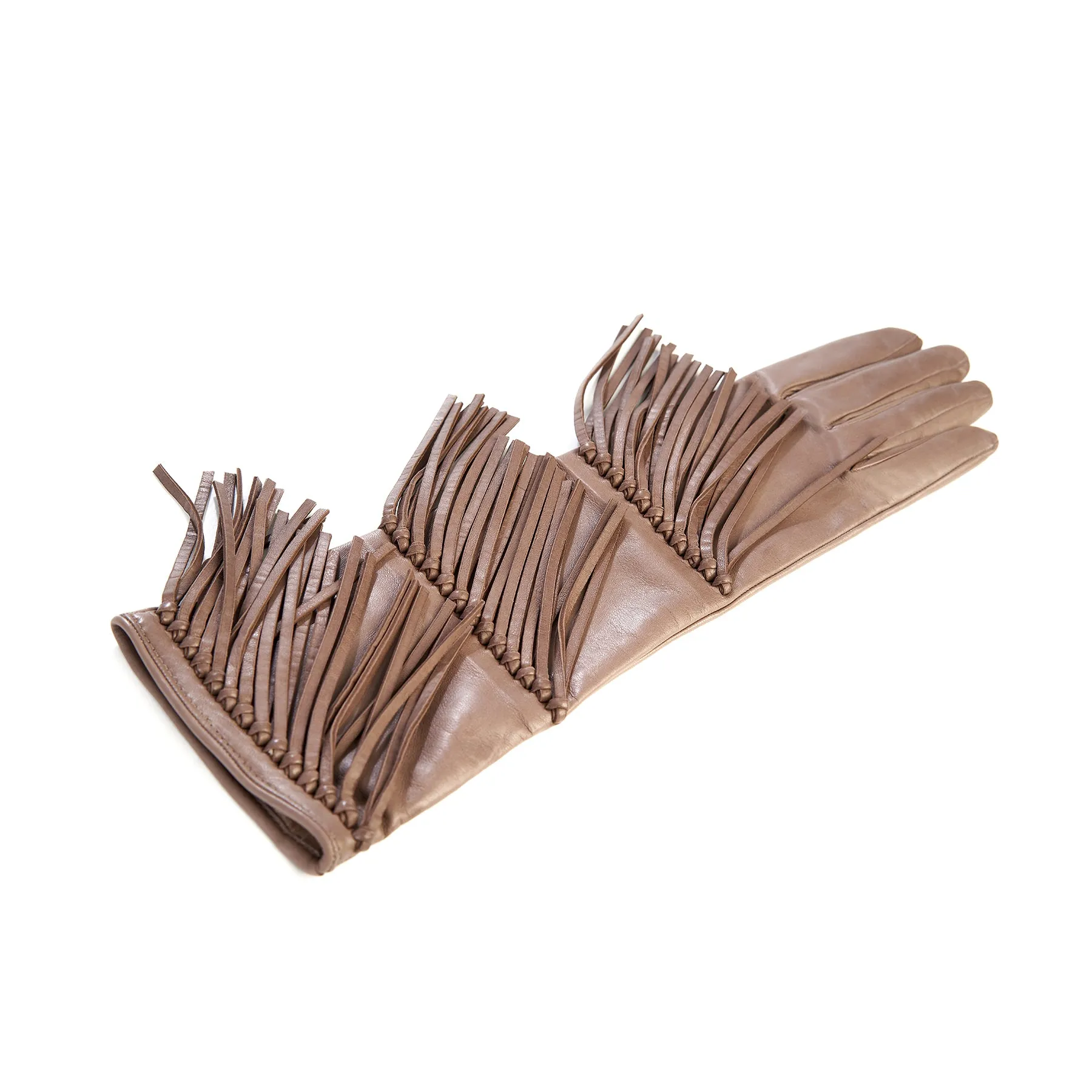 Women's leather gloves with fringes in taupe colour silk lined