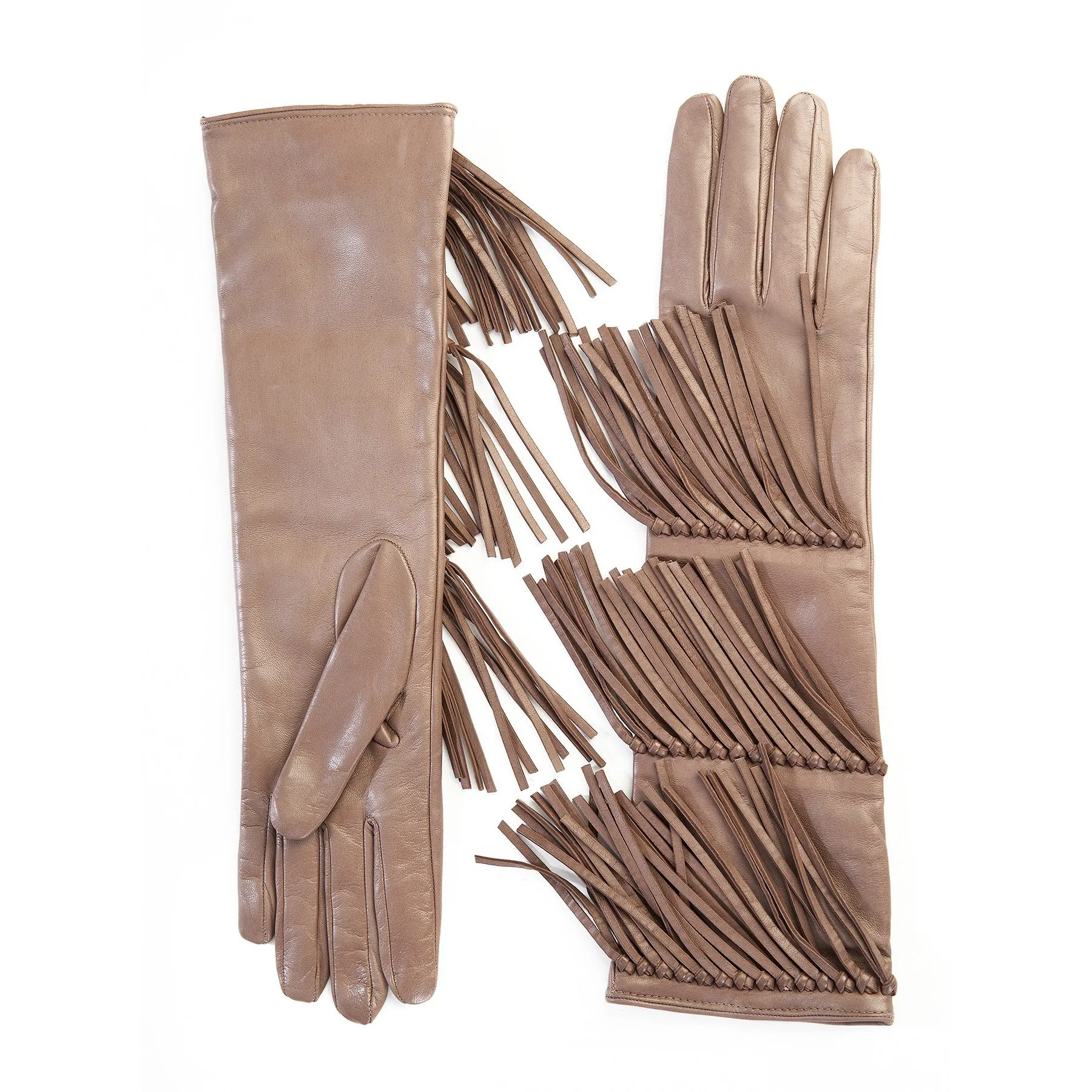 Women's leather gloves with fringes in taupe colour silk lined