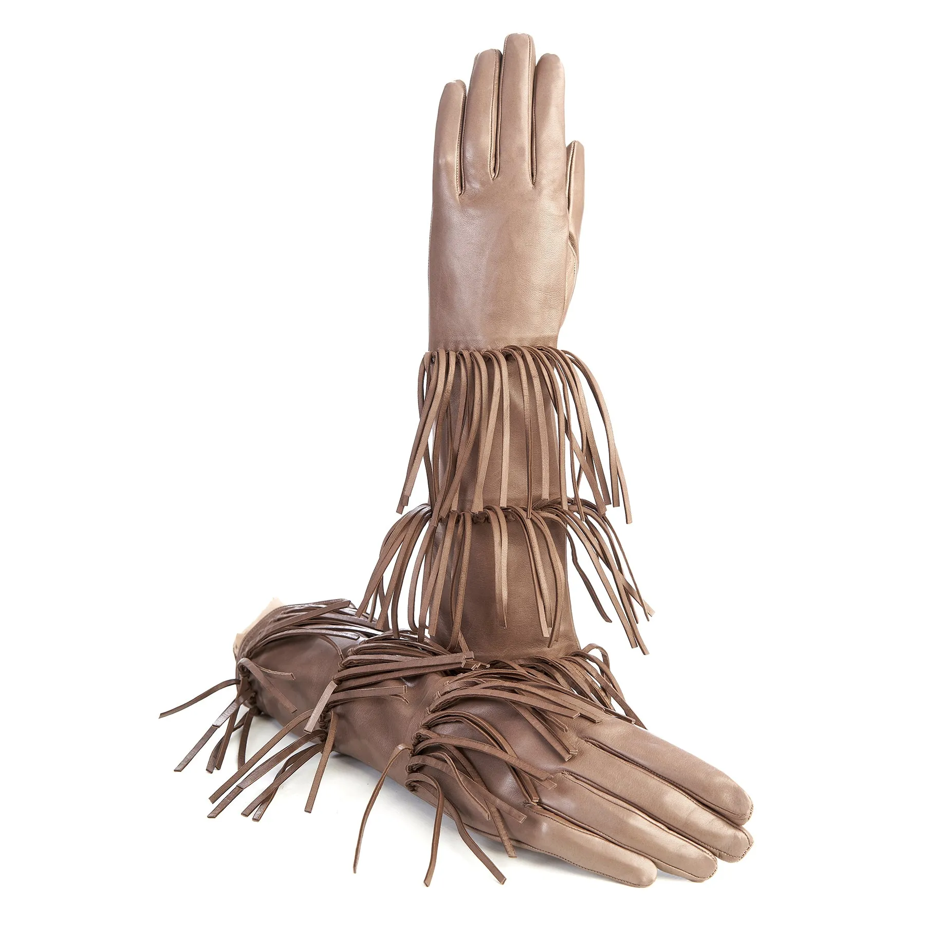 Women's leather gloves with fringes in taupe colour silk lined